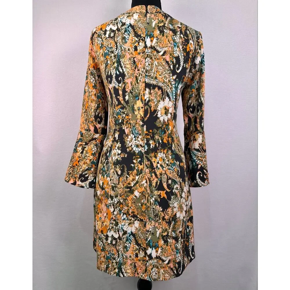 WAYF Multicolor Boho Floral Paisley Bell Sleeve Mini Shift Dress Size Small - Picture 3 of 10